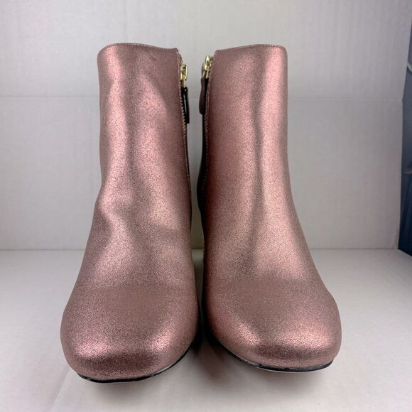 ASOS pink shimmer ankle bootie gold textured gold block heels - Picture 6 of 9